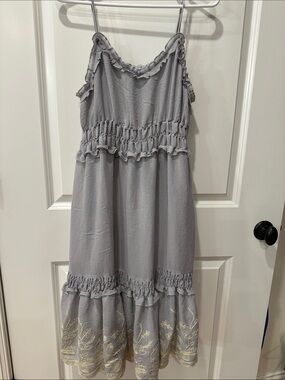 Moon River Light Gray Ruffle Tiered Maternity Sundress with Embroidered Hem